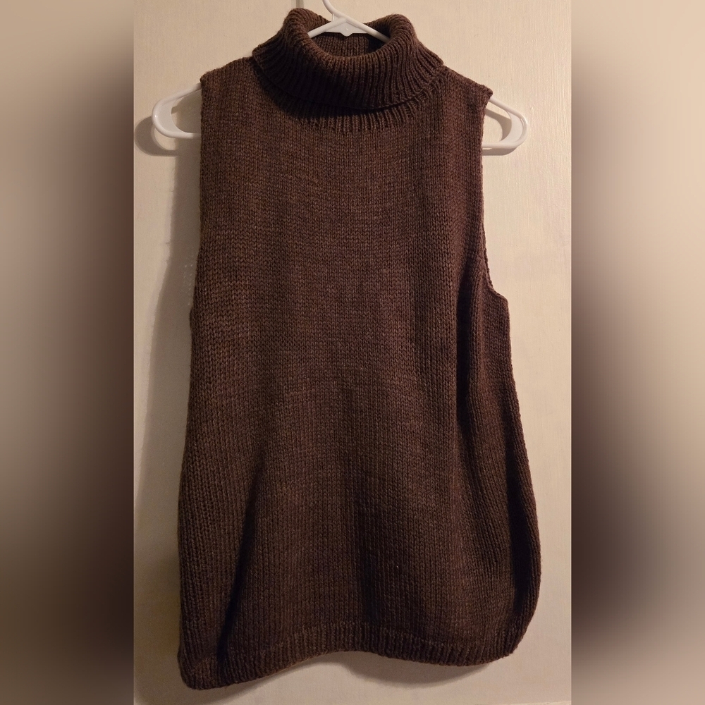 NWOT | Hand Knit Sleeveless Sweater Turtleneck Tank Top | Color: Chocolate Brown - Picture 2 of 12